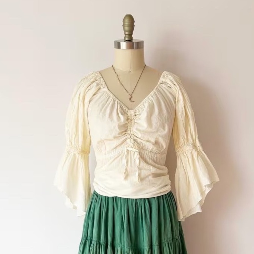 India Cotton Peasant Blouse Cream Bell Sleeve Ruched Renfaire Milkmaid Top Small